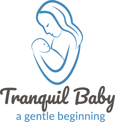 Tranquil Baby logo of mother holding newborn baby in teal blue colour with the words 'Tranquil Baby, a gentle beginning' underneath