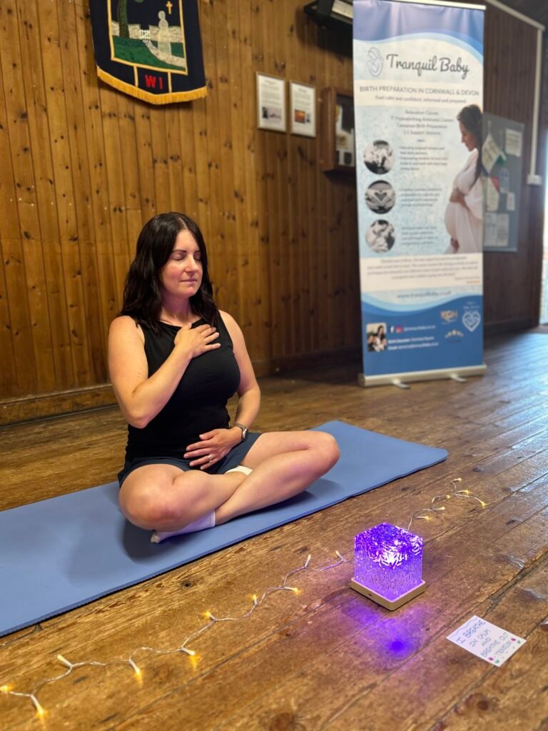 Gentle breathing technique during pregnancy yoga in Launceston, Cornwall